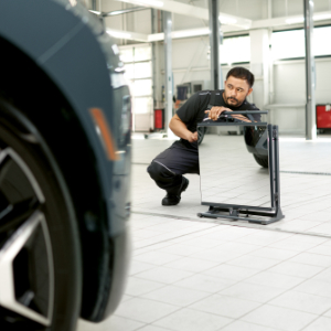 BMW Trained Technician performs sensor calibration work on a BMW vehicle in a BMW Certified Collision Repair Center.