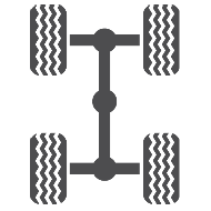 An icon of four wheels attached by axles and driveshaft to represent four wheel drive